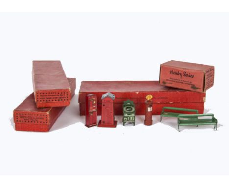 Boxed Hornby O Gauge Pre-war Railway Accessory Sets 1 2 3 and 7, set 1 with 4 pieces of luggage and truck, set 2 with 6 milk 