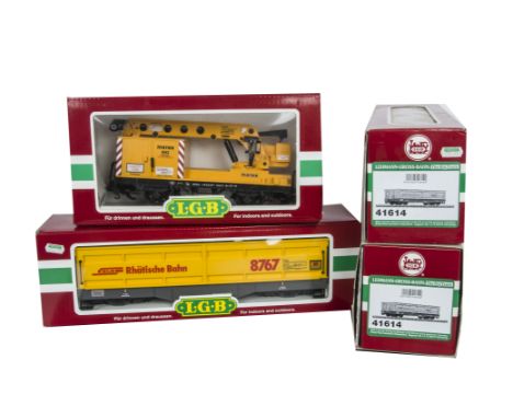 LGB G Scale Freight Stock, assorted wagons comprising 41614 bogie ballast wagons (3), and mobile crane wagon 40420, all VG-E,