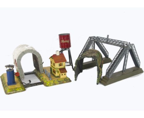 Bing O Gauge Scenic Items, comprising Bing Signal/Crossing House with finely printed house, crossing barriers and clockwork b