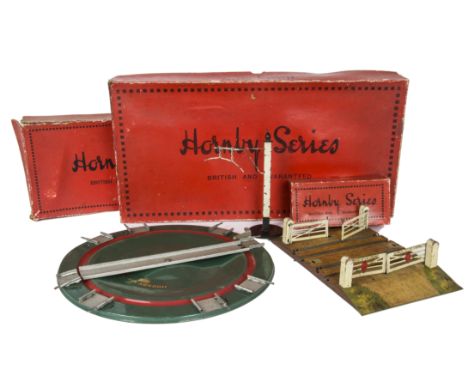 Early Hornby O Gauge Clockwork Track and Accessories, including 12 double track curves (6 in an original box), boxed double-t