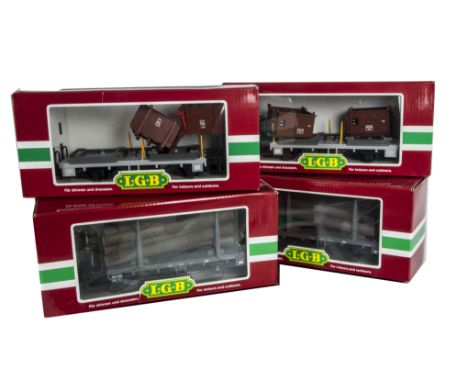 LGB G Scale Freight Stock, assorted 4-wheeled wagons comprising 45140 log wagons (2), and 41140 demountable skip wagons (2), 