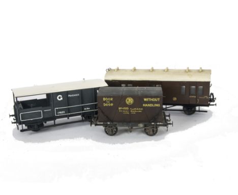 Fine-scale O Gauge GWR Freight Stock, comprising 'Toad' brake van 17523 (Penzance) in grey from a wooden kit, Milk van with G