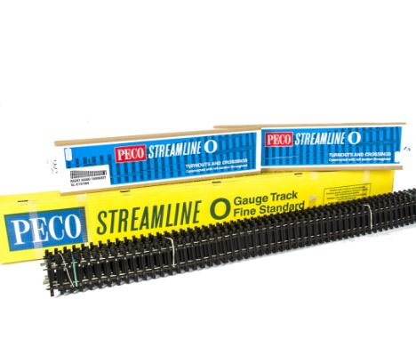 Fine-scale O Gauge Nickel-silver track by Peco, including unopened boxed left and right-hand 6' radius turnouts (1 of each), 