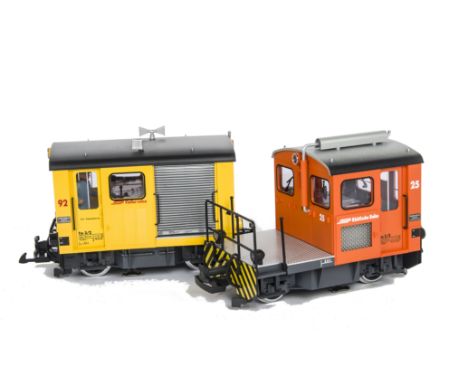 Two LGB G Scale Diesel Track-work Machines, ref 27410, in RhB yellow as Tm2/2 no 92 with 'van' body, with ref 20410, in RhB o