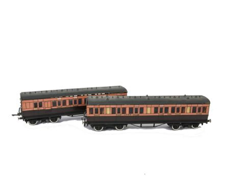 A Pair of Kit-built O Gauge LSWR Bogie Non-corridor Coaches, with wooden bodies and reasonably fine-scale insulated wheels, n