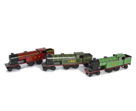 Three 'Ubilda' Clockwork Floor Train Locomotives by Burnett and Chad Valley, comprising Burnett 4-4-2T in green as no 11861, 