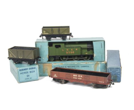 Hornby Dublo 00 Gauge 3-Rail LNER green 0-6-2 Tank Engine, 9596, in original light blue box dated 6.48 with repair label 9397