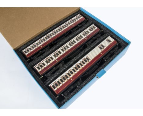 An ACE Trains O Gauge C1 3-car Coach Set,  in Caledonian Railway cherry red/ivory, comprising all-1st, all-3rd and brake/3rd 