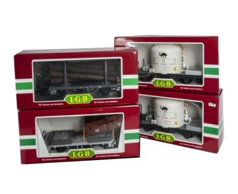 LGB G Scale Freight Stock, assorted 4-wheeled wagons comprising 45140 log wagon, 41140 demountable skip wagon and 43250 round