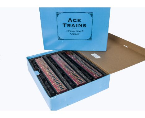 An ACE Trains O Gauge C1 3-car Coach Set,  in LMS crimson, comprising all-1st, all-3rd and brake/3rd non-corridor coaches, al