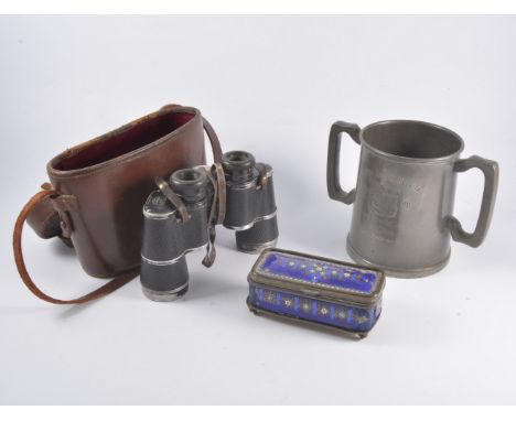 Brass doorstop, hunting horn, hip flasks, boot pulls etc.