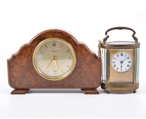 Art Deco period figured walnut Elliott mantel clock, shaped outlines, circular champagne dial, raised on bracket feet, togeth