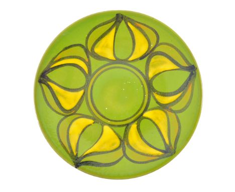 Poole Pottery, a Delphis charger, green ground with yellow bud design, pottery backstamp, 35cm diam.