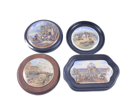 A collection of ten Prattware pot lids, The Farriers (324), Pegwell Bay - established 1760, Holborn Viaduct (202), Game Bag (