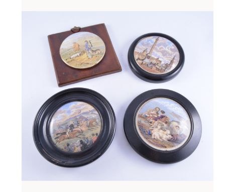 A collection of ten Prattware Pot Lids, A Pair (252), Pence (220), Cattle and Ruins (315), The Sportsman (259), Trafalgar Squ