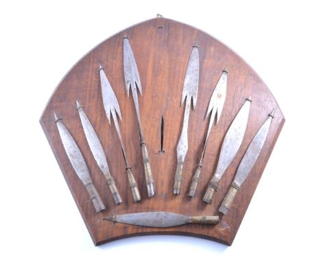 African hunting spear tip, 33cm, three others similar but smaller, also five African spear tips, leaf-shaped blades, all moun