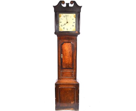 Country made longcase clock, painted dial, thirty hour movement, oak case with mahogany cross banding, height 202cm.