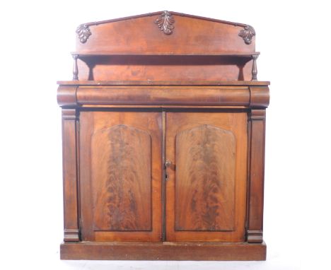Victorian mahogany chiffonier, shaped back with a single shelf, drawer and doors under, W106cm x D49cm x H132cm.