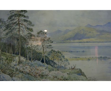 R. Wellesley Webster, Scottish landscape with deer on the shore of the loch, watercolour, signed, 41cm x 65cm.
