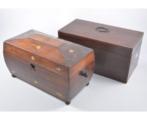Regency rosewood sarcophagus shaped tea caddy; George III mahogany oblong tea caddy; and Victorian rosewood oblong tea caddy.