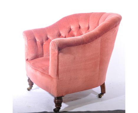 Victorian button back easy chair, in pink corded fabric, raised on turned supports, width 78cm.
