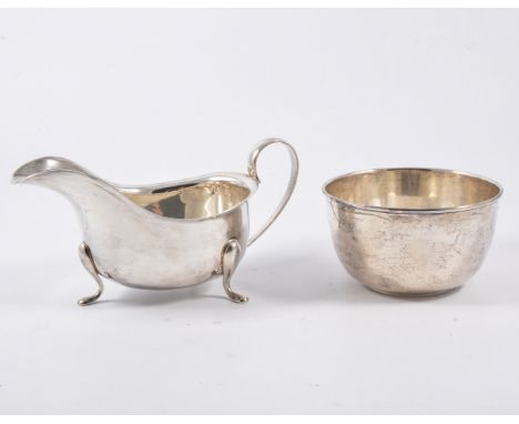 Silver sugar basin, by James Dixon & Son, Sheffield 1943, 12cm, 4.5oz, and a silver sauceboat, BBS Ltd, Birmingham, 1940, 19c