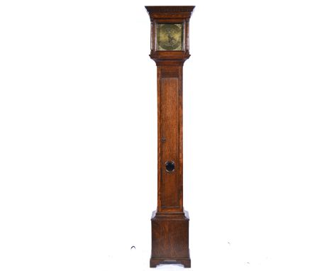 Oak longcase, small proportions, dentil moulded cornice, turned balusters to the hood, long door with glass, bracket feet, 18