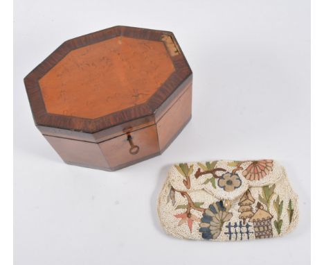 19th Century bead and stitch work purse, together with a painted silk face screen, lacquered box and a figurered walnut tea c