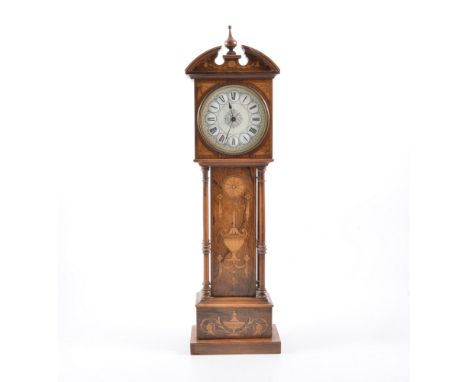 Late Victorian rosewood and marquetry novelty mantel clock, longcase clock design, enamel dial, cylinder movement.