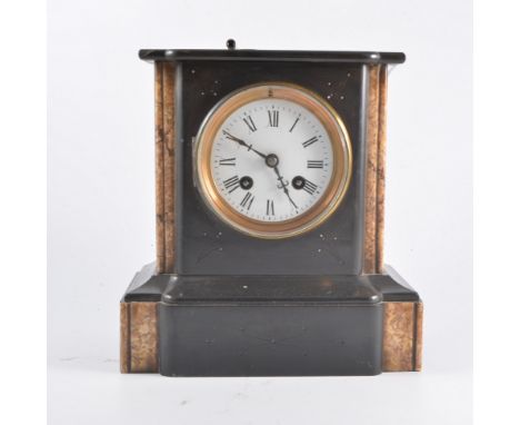 Victorian slate and marble mantle clock, circular enamel dial with roman numerals, cylinder movement, height 23cm.