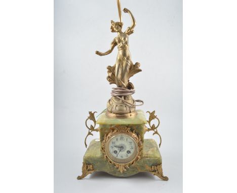 French onyx and gilt metal mantel clock, adapted as a table lamp, case surmounted by a figure of a dancing girl, ivorine dial