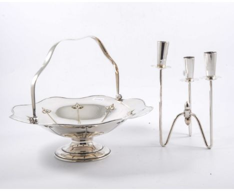 A silver-plated candelabra, plain fruit basket, milk and sugar, sauceboat and stand and a  Berg of Denmark contemporary three