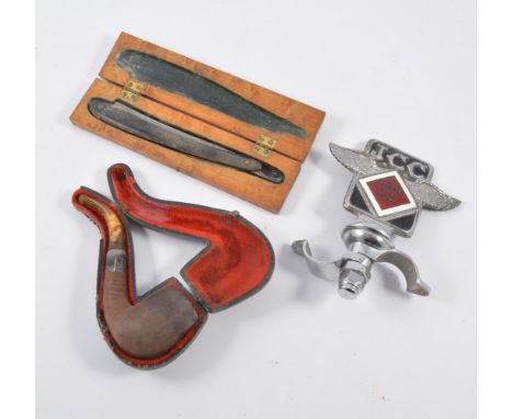 Cut-throat razor in a maple box; an olive wood boarded souvenir book, Jerusalem; Meerschaum pipe; case set of two cut-throat 