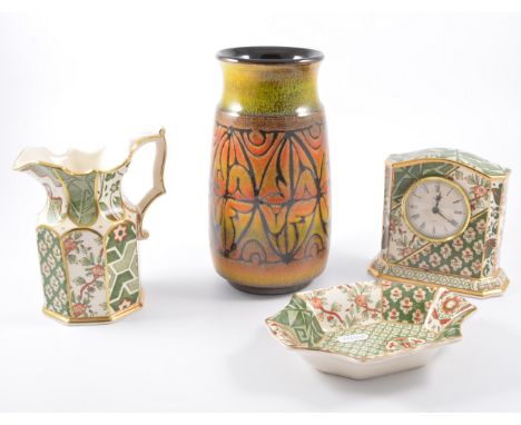 Poole Pottery vase, Masons pottery, clock jug and dish in applique pattern and three Franklin porcelain figures, (7)