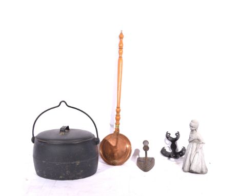 Small oak stick stand, hexagonal form, height 34cm, iron kettle and trivet, cast iron plaques, iron pot, copper lamp, flat ir