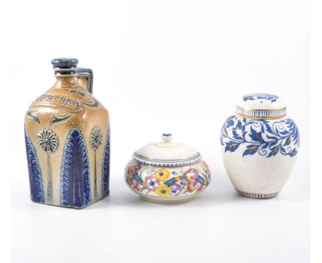 Salt glazed stoneware SCOTCH WHISKY decanter probably South London, 20cm; Poole pottery covered bowl; a Bursley ware ginger j