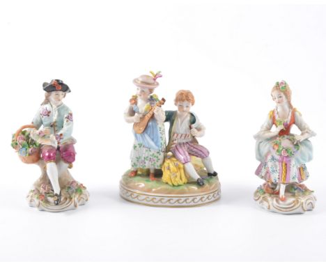 Three Dresden style figures, mid 20th Century, including farmer group and courting couple with flowers 12.5cm high, (3)