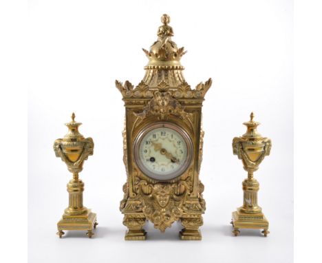 French brass cased mantel clock, mounted with classical masks, swags, circular porcelain dial pinted with rose gardens, Arabi