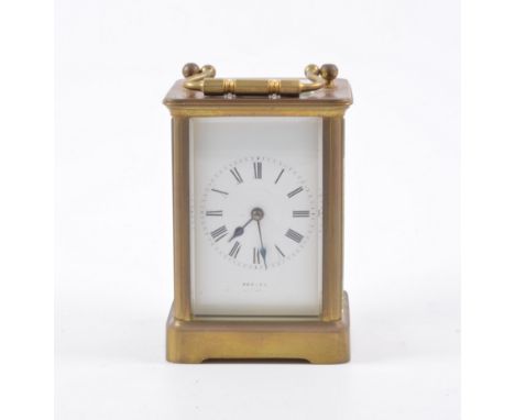 French brass carriage clock, white enamelled rectangular dial, Roman numerals, painted Neeves, brass escapement, height 11cm.