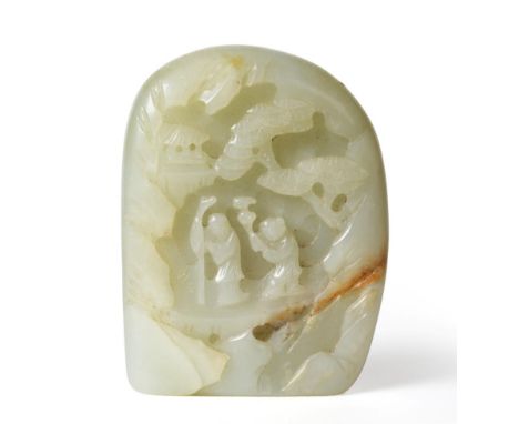 A Chinese Jade Boulder, depicting two figures in landscape, the reverse with a deer amongst trees, 9cm high See illustration