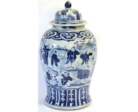 A Chinese Porcelain Baluster Jar and Cover, late 19th century, painted in underglaze blue with figures watching acrobats and 