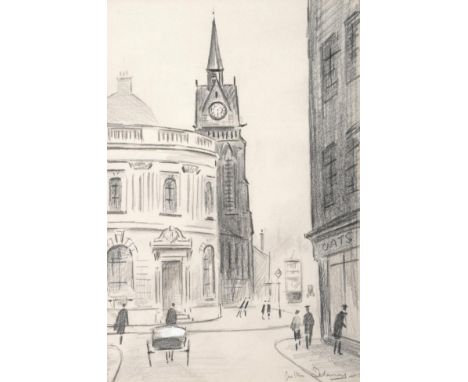 Arthur Delaney (1927-1987) Street scene with horse and cart, figures and a tram Signed, pencil, 24cm by 16cm This is the prep