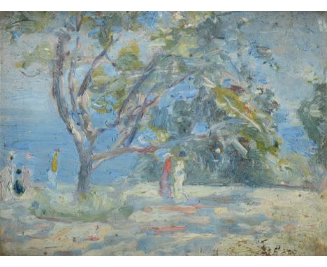 Attributed to Mark Senior (1864-1927) Figures walking on headland, possibly the artist's garden With various sketches in penc