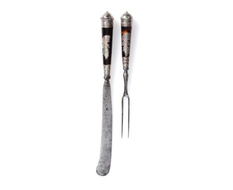 A Tortoiseshell and Silver-Handled Dessert Knife and Fork, circa 1730, the handles of tapering cylindrical form decorated wit