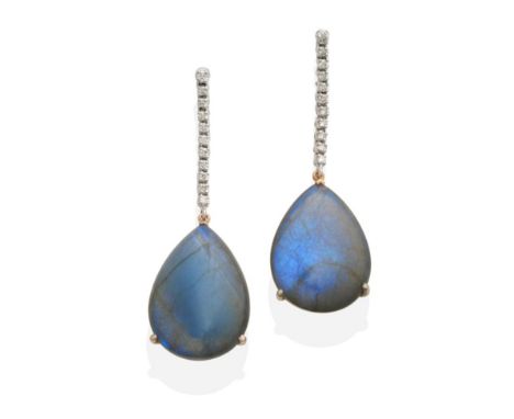 A Pair of 18 Carat White Gold Labradorite and Diamond Pendant Earrings, a line of articulated round brilliant cut diamonds su