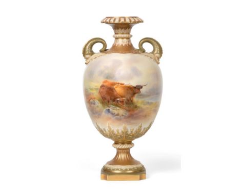 A Royal Worcester Porcelain Vase, painted by John Stinton, 1912, of ovoid shape with dolphin handles, painted with highland c