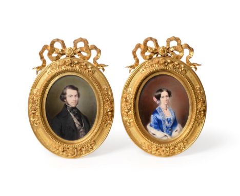 Edme Rousseau (French, 1815-1868): Miniature Bust Portrait of Monsieur and Madame Theodore Vernes d'Arlandes, signed, oval, a