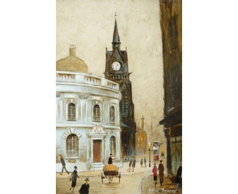 Arthur Delaney (1927-1987) Street scene with horse and cart, figures and a tram Signed, oil on board, 23.5cm by 15cm Lot 93 i