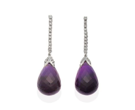 A Pair of 18 Carat White Gold Amethyst and Diamond Pendant Earrings, a line of articulated round brilliant cut diamonds suspe