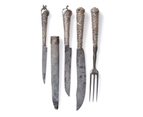 A German Silver-Handled Knife and Fork, 18th century, the tapering cylindrical handles with filigree foliate decoration and s